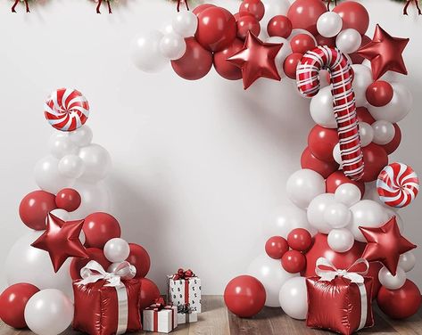 Balloon Ideas For Christmas, Candy Cane Balloon Garland, Christmas Theme Balloon Arch, White Christmas Balloon Decor, Xmas Balloon Decorations, Candy Cane Balloon Arch, Balloon Arch Christmas, Holiday Balloon Arch, Balloon Garland Designs