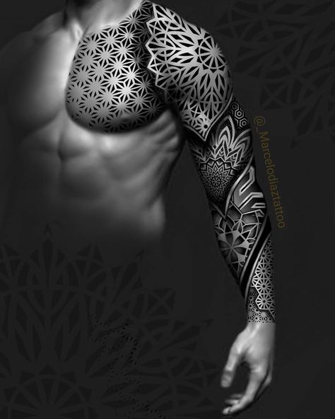 Left Arm Tattoo Men, Men's Chest Tattoo Ideas, Geometric Chest Tattoo, Mandala Tattoo Men, Geometric Tattoo Sleeve Designs, Geometric Tattoo Pattern, Mangas Tattoo, Full Hand Tattoo, Chest Tattoo Ideas