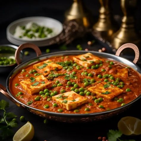 Matar Paneer is a beloved and timeless North Indian vegetarian dish that showcases the rich and comforting flavors of Indian cuisine. This dish features soft cubes of paneer (Indian cottage cheese) cooked in a tomato-based gravy with green peas (matar). Matar Paneer is known for its creamy and mildly spiced sauce that perfectly complements the tender paneer and sweet peas, making it a favorite among vegetarians and non-vegetarians alike. Paneer Masala Photography, North Indian Food Photography, Veg Dishes Indian, Indian Dishes Vegetarian, Matter Paneer, Indian Food Vegetarian, Mattar Paneer, North Indian Food, Indian Vegetarian Dishes