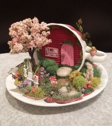 Teacup Fairy Gardens | My OBT Fairy Garden Design Ideas, Christmas Fairy Garden, Indoor Fairy Gardens, Fairy Garden Ideas, Teacup Gardens, Teacup Crafts, Fairy Garden Designs, Fairy Garden Crafts, Mini Fairy Garden