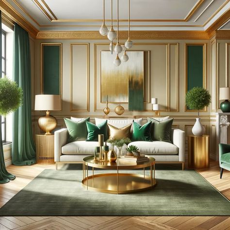 emerald green and gold living room Neutral And Emerald Living Room, Living Room Green And Gold, Emerald And Gold Living Room, Green And Gold Living Room, Gold Interior Decor, Gold Curtains Living Room, Modern Green Living Room, Emerald Green Living Room, Olive Living Rooms