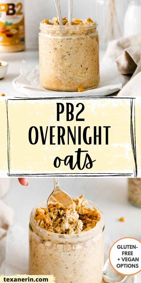 These PB2 overnight oats are the ultimate healthy breakfast. They call for just 5 basic ingredients and are the perfect hearty breakfast with added protein and flavor from peanut butter powder (or regular peanut butter). They’re also gluten-free with a vegan option. Protein Overnight Oats Pb2, Pb And Banana Overnight Oats, Overnight Oats With Powder Peanut Butter, Overnight Oats Pb Banana, Smoothie With Pb2, Pb Overnight Oats Healthy, Pb2 Oatmeal Recipes, 2b Mindset Overnight Oats, Peanut Butter Cookie Overnight Oats