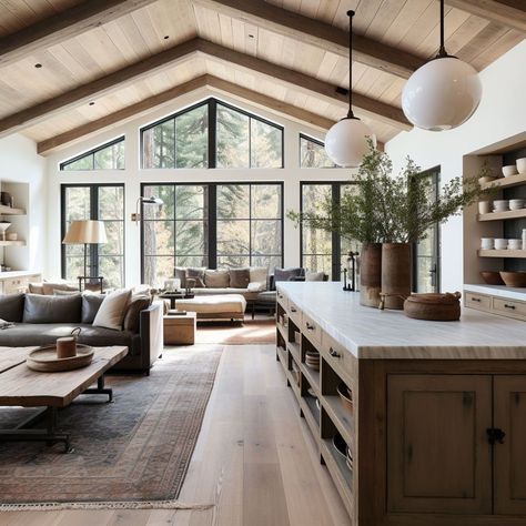 Modern Rustic Ranch House, Transitional Architecture, Vaulted Ceiling Ideas, Cabin Build, Modern Cottage Style, Vaulted Ceiling Living Room, Exposed Rafters, Roof Ceiling, Studio Workshop