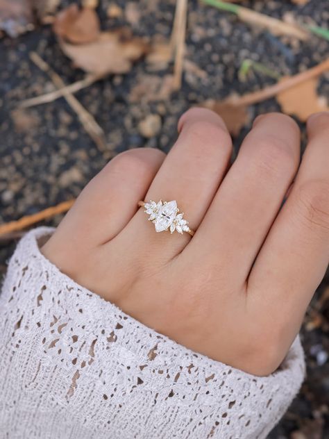 Unique Engagement Rings Sterling Silver, Engagement Rings That Look Like A Flower, Engagement Rings Snow Drift, Cluster Diamond Ring Engagement, Marquis Cluster Ring, Wedding Rings Affordable, Very Unique Wedding Rings, Dainty Cluster Engagement Ring, Marquise Engagement Ring On Hand