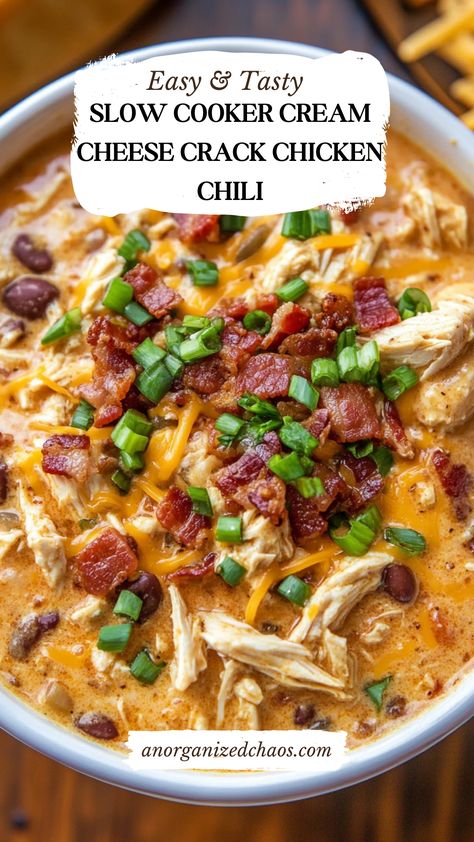 Slow Cooker Cream Cheese Crack Chicken Chili Chicken Soup Recipes With Cream Cheese, Cheesy Chicken Crock Pot, Cracked Chicken Chili Crockpot, Creamy Chicken Chilli In Crock Pot, Cracked Chicken Chili, Easy Crockpot Cream Cheese Chicken Chili, Cream Cheese Slow Cooker Recipes, Chicken Bacon Chili, Crockpot Chili Chicken