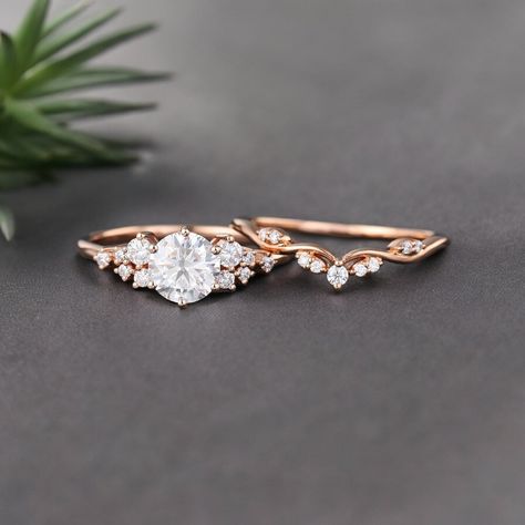 Moissanite engagement ring set rose gold engagement ring Vintage Unique Bridal set Diamond wedding Curved Anniversary Promise ring gift by Nyfinejewels on Etsy Moissanite Rose Gold Engagement Ring, Simple Engagement Rings Rose Gold, Minimalist Engagement Ring Rose Gold, Dainty Engagement Ring Set, Rose Gold Engagement Ring Simple, Unique Rose Gold Engagement Ring, Gold Engagement Ring Vintage, Engagement Ring Vintage Unique, Classy Engagement Ring