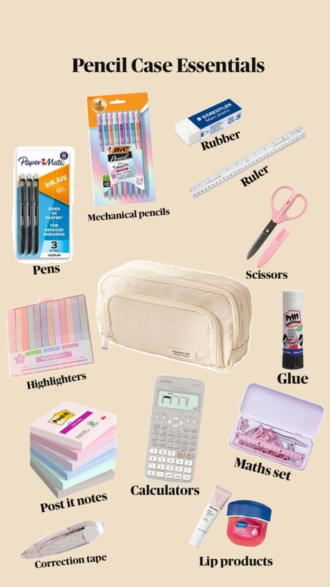 Pencil Case Essentials, Pencil Case Organization, Pencil Case Essential, School Locker Decorations, Before School Routine, Bic Pencils, Middle School Essentials, School Emergency Kit, School Backpack Essentials