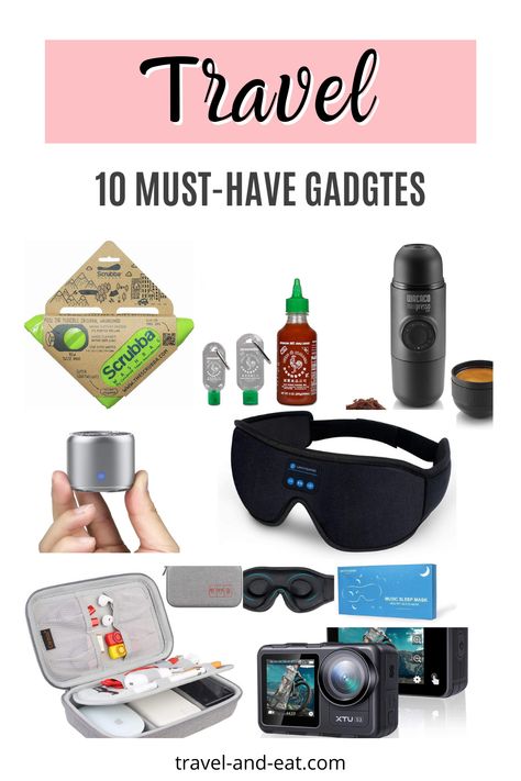 Top 10 Travel Gadgets. Things for your next adventure you actually want to have. Cool Travel Gadgets, Best Travel Items, Travel Gadgets Long Flights, Sleeping Headphones, Personalized Leather Tote Bag, Travel Tech Gadgets, Travel Equipment, Leather Travel Accessories, Gadgets Gifts