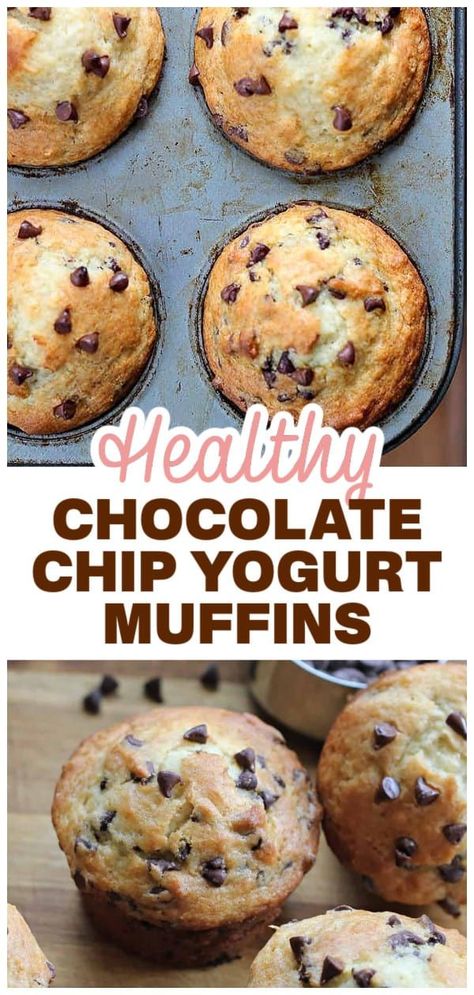 I totally love these Chocolate Chip Yogurt Muffins!  Bakery style, warm, melt-in-your-mouth fun!  Hearty, delicious muffins bursting with chocolate chips and made with Greek yogurt, because we love to use Greek yogurt! Chocolate Chip Muffins With Yogurt, Greek Yogurt And Chocolate Chips, Healthy Yummy Muffins, Greek Yogurt Muffins Gluten Free, Recipes That Use Vanilla Yogurt, Healthy Dessert With Greek Yogurt, Recipes That Use Plain Greek Yogurt, Breakfast Recipes With Greek Yogurt, Banana Oat Greek Yogurt Muffins