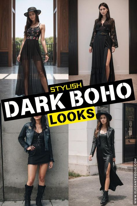 Stylish Dark Boho Looks Boho Edgy Outfits, Dark Boho Outfits, Boho Chic Outfits Bohemian, Glam Rock Outfit For Women, Hippie Outfits Women, Rocker Style Outfits, Edgy Boho Outfits, Boho Rock Style, Edgy Capsule Wardrobe