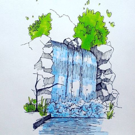 Waterfall Sketch, Pond Drawing, Waterfall Drawing, Nature Drawings, Drawing Scenery, Drawing Nature, Architecture Drawing Sketchbooks, Landscape Architecture Drawing, Waterfall Paintings