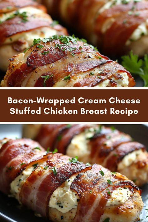 Bacon-Wrapped Cream Cheese Stuffed Chicken Breast Recipe Stuffed Chicken Bacon Wrapped, Bacon Wrapped Cheese Stuffed Chicken, Baked Wrapped Chicken, Chicken Bacon Keto Recipes, Chicken Wrapped Bacon Recipes, Bacon Cheese Stuffed Chicken, Chicken With Cream Cheese And Bacon, Easy Chicken Bacon Recipes, Stuffed Chicken With Cream Cheese