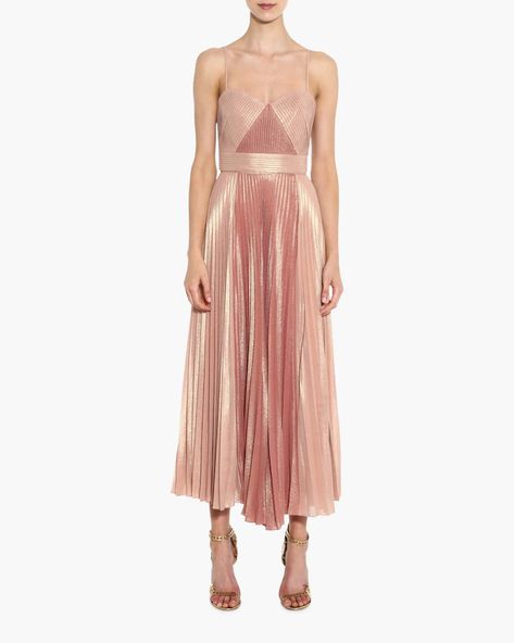 Pink Pleated Dress, Midi Gowns, Strapless Midi Dress, Tea Length Dresses, Gowns With Sleeves, Pleated Midi Dress, Metallic Dress, Marchesa, Tea Dress