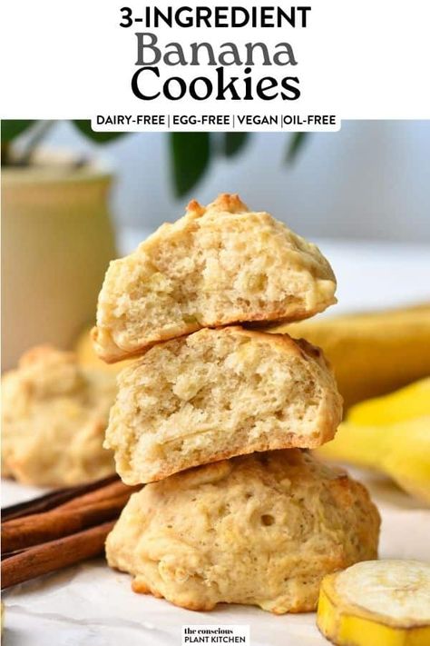 These easy 3-ingredient banana cookies are soft, chewy, easy banana drop cookies, 100% vegan, refined sugar-free, and oil-free. Banana Dessert Recipes Easy, Banana Cookies Vegan, 3 Ingredient Banana Cookies, Vegan Banana Cookies, Cookie Recipe With Oil, Banana Cookies Healthy, Conscious Plant Kitchen, Banana Recipes Easy, Banana Cookie Recipe