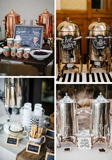 Coffee Station Cart, Coffee Bar Wedding Reception, Hot Chocolate And Coffee Bar, Coffee Station Wedding, Wedding Hot Chocolate, Wedding Hot Chocolate Bar, Bar For Wedding, Candy Station Wedding, Hot Beverage Bar