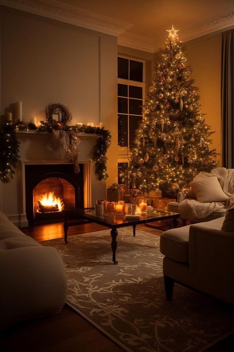 Bring Holiday Magic to Your Living Space with Elegant Living Room Transformations Christmas Interior Decor Living Rooms, Christmas Home Interior, Christmas Elegant Decor, Rug Over Carpet Living Room, Christmas Home Decorations Living Room, Huge Living Room Ideas, Cosy Pictures, Traditional Christmas Decor Ideas, Christmas Decor Traditional