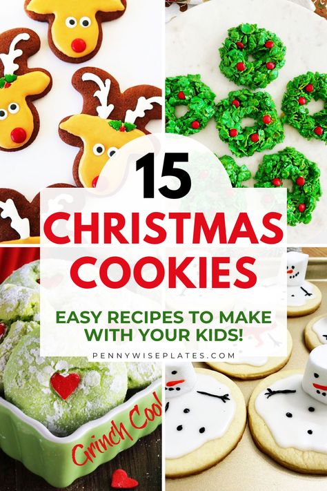 A festive collage of various Christmas cookies in different shapes and colors. Cute Christmas Sugar Cookie Ideas, Colorful Christmas Cookies Recipes, Christmas Cookie With Kids, Christmas Cookies To Decorate With Kids, Easy Cookies With Kids, Kids Holiday Cookies, Christmas Cookies To Do With Kids, Christmas Cookies To Bake With Kids, Christmas Cookies For Toddlers To Make