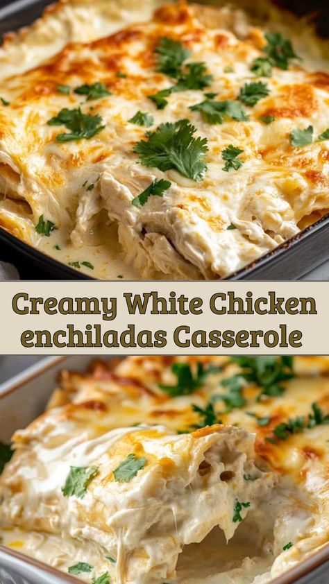 Creamy White Chicken enchiladas Casserole Creamy White Chicken Enchilada Casserole, White Chicken Enchilada Casserole Easy, Chicken Enchilada Casserole Freezer Meal, We Enchilada Casserole, Easy White Chicken Enchilada Recipe, Best Chicken Enchiladas With White Sauce, White Chicken Chili Casserole, White Chicken Enchilada Bake, Easy Creamy White Chicken Enchiladas