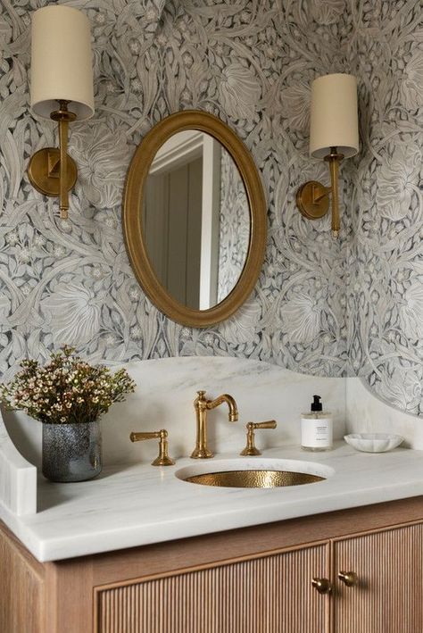 Powder room vanity Powder Bath Trim Work, Modern Country Powder Room, Powder Room Millwork, Cute Powder Room Ideas, Powder Bath Vanities, European Half Bath, Antique Powder Room Vanity, Powder Bath Vanity Ideas, Gorgeous Powder Rooms