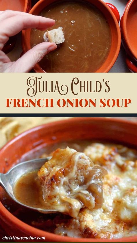 The French onion soup Julia Child made is a classic recipe, but I made one tiny change which I think makes the eating and enjoying of the soup much easier. Sorry, Julia! Best French Onion Soup, Classic French Onion Soup, French Soup, French Onion Soup Recipe, Onion Soup Recipes, Stew Chicken Recipe, Confort Food, Recipe Vegetarian, Comfort Soup