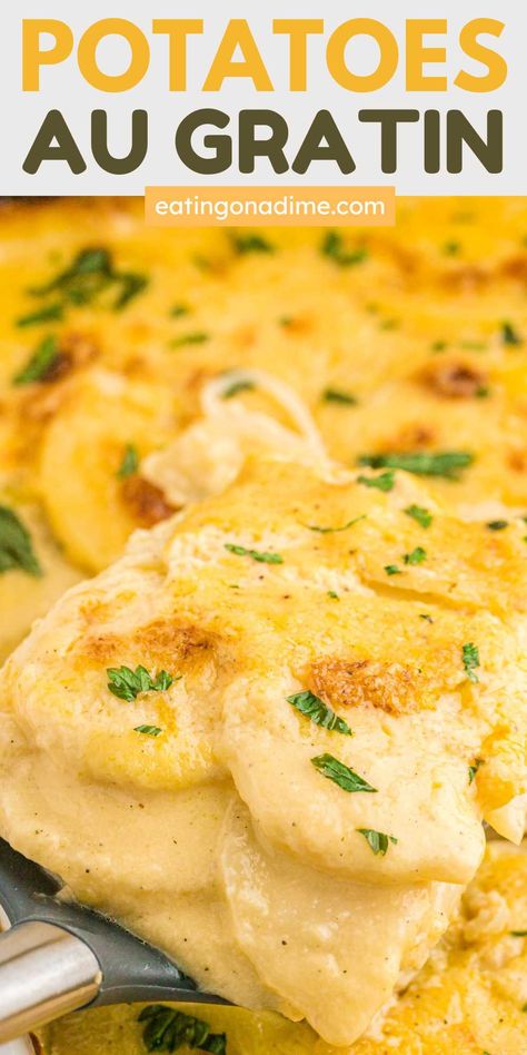 You are going to love this easy, cheesy delicious Potatoes Au Gratin side dish. Thinly slice potatoes are mixed in a creamy sauce and topped with cheese. Rich, creamy and cheesy is what makes this Potatoes Au Gratin recipe so flavorful. We love that it is loaded with flavor and simple ingredients. #eatingonadime #potatoaugratin #easysidedish Homemade Potatoes Au Gratin, Easy Potatoes Au Gratin Simple, Make Ahead Au Gratin Potato Recipes, I’ll Gratin Potatoes, Easy Augratin Potato, Algrauten Potatoes, Velveeta Au Gratin Potatoes, Au Gratin Potatoes For A Crowd, Easy Potato Au Gratin Recipes