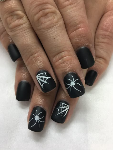 Matte Black Halloween spider & web with hidden glow in the dark spooky wording Gel Nails Black Spooky Nails Short, Gold And Black Halloween Nails, Black Nails Spider, Black White Gel Nails, Spiderweb Nails Short, Spooky Nails Black, Easy Black Halloween Nails, Black Nails Spider Webs, Spooky Nails Short Square