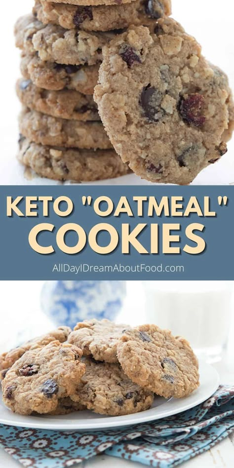 Keto cookies that look, taste, and feel just like oatmeal cookies! These are beyond brilliant. Ground almonds and coconut give these delicious sugar-free and grain-free treats their oatmeal like texture. So good and kids love them. Add chocolate chips and sugar-free dried cranberries too. Keto Oatmeal Cookies, Sugar Free Oatmeal Cookies, Low Carb Oatmeal, Sugar Free Oatmeal, Galletas Keto, Keto Oatmeal, Keto Cookie Recipes, Postre Keto, Keto Brownies