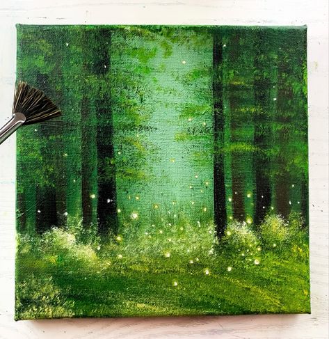 Painted Forest Background, Forest Acrylic Painting Woods, Oil Painting Forest Landscapes, Green Water Painting, Pine Forest Painting Acrylic, Cute Forest Painting, Forest Stream Painting, Firefly Forest Painting, Magical Forest Acrylic Painting