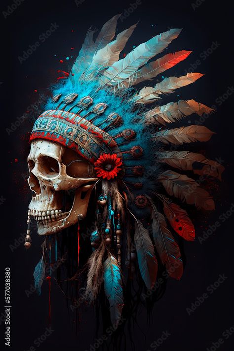 Cherokee Symbols, Indian Headress, Skull Artwork Illustrations, Dope Artwork, Skull Portrait, Indian Skull Tattoos, Leg Tats, Indian Skull, Native American Headdress