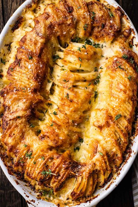 Cheesy Hasselback Potato Gratin Hasselback Gratin Potatoes, Cheesy Hasselback Potato Gratin, Cheesy Hassle Back Potatoes, Hasselback Scalloped Potatoes, Gouda Potatoes, Cheesy Hasselback Potatoes, Potatoes With Cheese, Recipes Potatoes, Potato Gratin Recipe