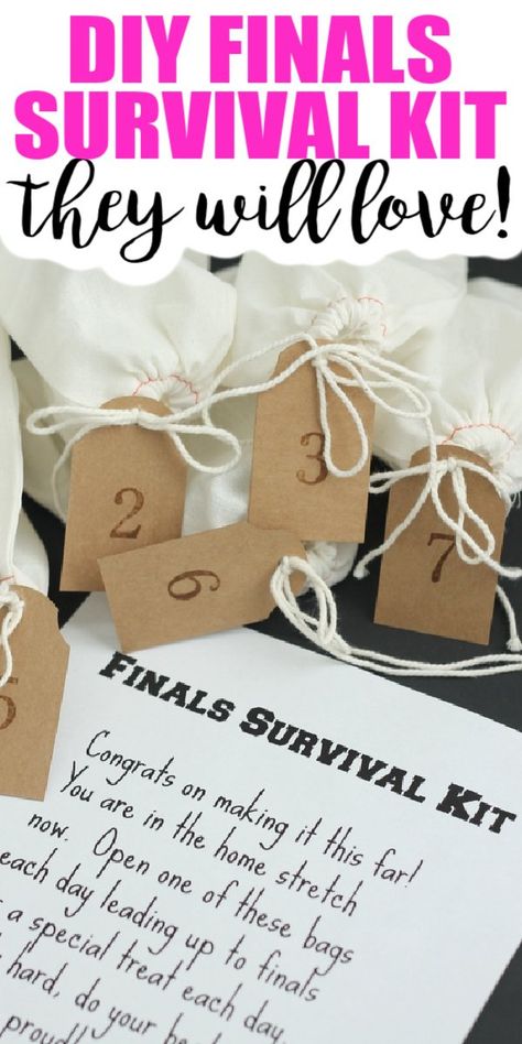 Make this DIY finals survival kit for your college student! Includes instructions, gift ideas, and a free printable note! #finals #collegestudent #giftidea Matric Exam Survival Kit, Study Survival Kit, Finals Survival Kit College, Finals Survival Kit, College Finals Care Package, Finals Week Care Package, Finals Care Package, College Gift Boxes, Survivor Kit