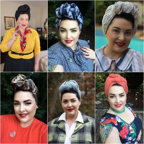 Learn six differnt way to tie a vintage style turban with this tutorial. Turbans are a fun way to acheive a vintage 1940s style. 50s Head Scarf Vintage Fashion, Vintage Headscarf Tutorial, Silk Scarf Turban Tutorial, 50s Turban, Turban Hairstyle, Turban Sewing Pattern, 1940s Turban, Diy Headscarf, 30s Hair