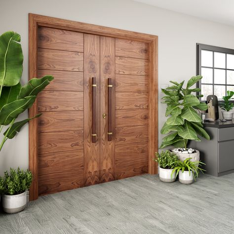 Add a green serenity to your entryway, for a space that’s calming & welcoming. Adding beautiful planters near doors creates a peaceful environment while making it revitalizing and energizing. Sterling doors are uniquely expressive and more than just passageways between spaces. Its exotic look is guaranteed to give a new life to your room making them refined and sophisticated. #duriandoors #doordesign #doorsandwindows #interiordesign #home Modern Wooden Doors Double, Double Door Design Wood Indian, Teak Wood Double Door Design, Double Door Design Wood Kerala, Sagwan Wood Double Door Design, House Front Door Design, Main Entrance Door, Door Plan, Main Entrance Door Design