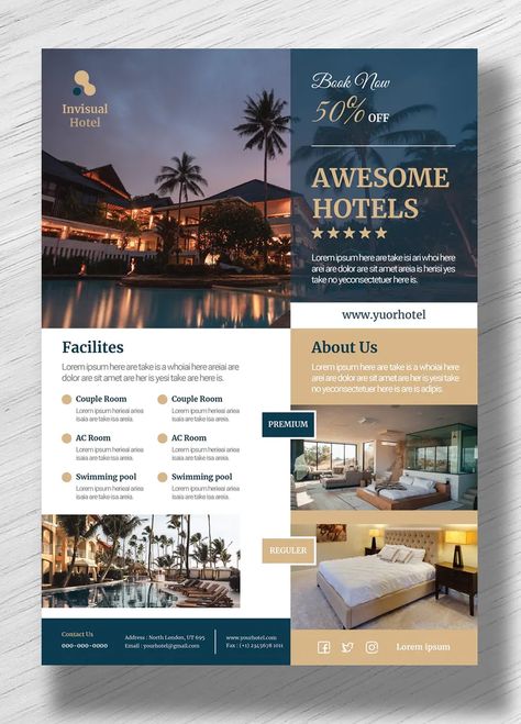 Hotel Flyer Template AI, EPS, PSD Hotel Flyers Graphic Design, Brochure For Hotel, Hotel Brochure Design Layout, Hotel Ads Design, Hotel Flyer Design, Flyers Design Layout, Hotel Advertising, Hotel Brochure Design, Hotel Poster Design