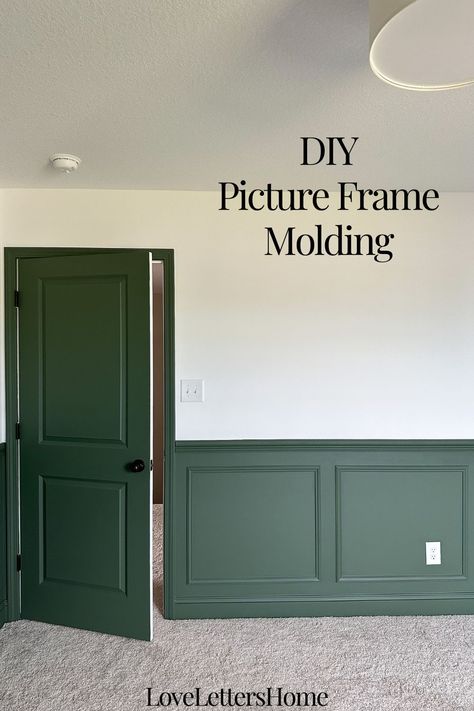 DIY Picture Frame Molding Painted Picture Frame Molding, Picture Frame Molding Paint Ideas, Picture Molding In Hallway, Picture Frame Moulding Hallway, Double Picture Frame Molding, Peel And Stick Picture Frame Molding, How To Do Picture Frame Molding, Green Picture Frame Molding, How To Picture Frame Molding