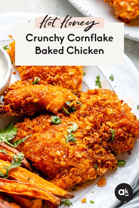 Honey Cornflake Chicken, Corn Flake Chicken Parmesan, Hot Honey Cornflake Chicken, Healthy Cornflake Chicken, Cornflake Chicken Recipes, Cornflake Coated Chicken, Baked Chicken Corn Flakes Recipes, Baked Corn Flake Chicken, Healthy Crunchy Chicken