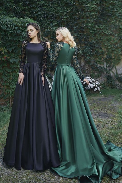 Long Sleeve Embroidered Dress, Green Wedding Dresses, Black Wedding Dress, Muslim Wedding Dresses, Prom Dress Long, Alternative Wedding Dresses, Grey Bridesmaid Dresses, Chique Outfits, Satin Evening Dresses