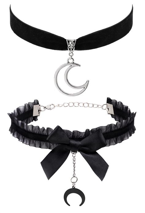 PRICES MAY VARY. SET 2 PIECE GOTH CRESCENT MOON CHOKERS NECKLACES: The Crescent Moon Choker Necklace Design Is Nice And Unique, Goes Well With Any Other Accessories, Show Your Personality Every Moment MATERIALS: Meticulously crafted from high-quality zinc alloy with an antique silver finish for pendant and soft velvet so it's comfortable to wear SIZE: The Silver color Moon Pendant measures 1.02 inches in width x1.02 inches in length. The Black Moon Pendant measures 0.78 inches in width x 0.6 inc Crescent Moon Accessories, Anime Fireworks, Pentagram Choker, Crow Core, Kpop Cover, Moon Choker Necklace, Boho Choker Necklace, Moon Accessories, Moon Choker