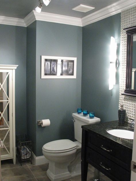 blue-grey bathroom love the crown molding.  Downstairs bathroom (?)  Paint the ceiling  Glidden Smooth Stone (?) Makeover Kamar Mandi, Benjamin Moore Gray, Revere Pewter, Subway Tiles, Small Paint, 아파트 인테리어, Bathroom Update, Grey Bathrooms, Stylish Bathroom