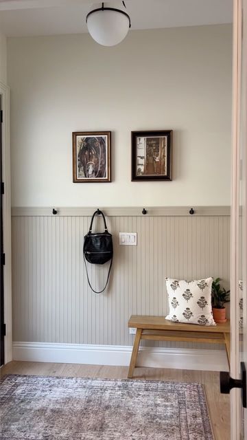 Mudroom Ideas Entryway Beadboard, Painted Beadboard Wainscoting, Wainscoting Small Entryway, Wood Wall Entryway Ideas, Half Painted Wall With Wood Trim, Painted Wainscoting Entryway, Bead Board Board And Batten, Bead And Batten Wall Entryway, Wainscotting With Hooks