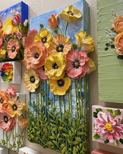 Raised Flower Painting, Clay Flower Painting, Thick Paint Flowers, Flower Painting Texture, Painting With Clay On Canvas, Thick Paint Art, Clay Paintings On Canvas, 3d Canvas Painting, Thick Acrylic Painting