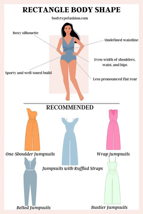 The Best Jumpsuit Guide for the Rectangle Body Shape - Fashion for Your Body Type Rectangle Body Shape Neckline, Rectangular Body Shape Outfits Style, Clothes For Rectangle Body Shape, Outfits For Rectangle Body Shape, Unique Body Features, Rectangle Body Shape Fashion, Body Type Clothes, Rectangle Body Shape Outfits, Dress Body Type