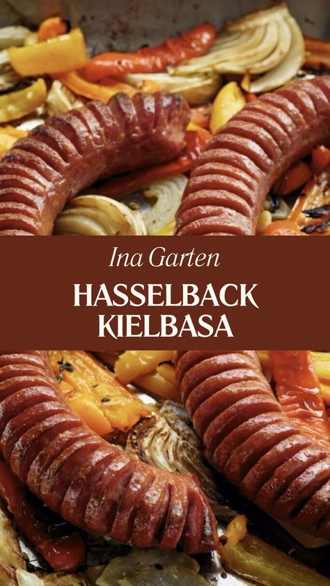 Ina Garten Hasselback Kielbasa Hasselback Kielbasa Ina Garten, Hasselback Kielbasa, Kielbasa In Oven, How To Cook Kielbasa, Barefoot Contessa Recipes, Kielbasa Recipes, Hearty Dinner, Kielbasa, Onion Recipes