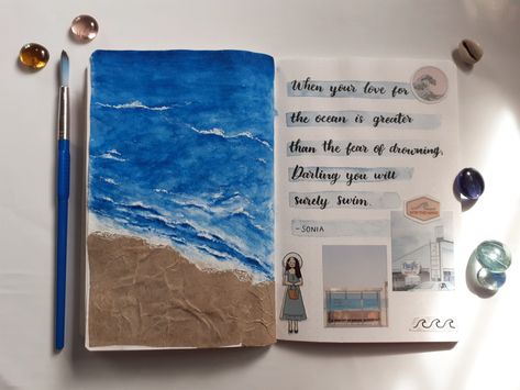 Beach Theme Journal, Lettering Painting, Beach Journal, Aquatic Art, Project Cover Page, Painting Sketchbook, Sketchbook Layout, Summer Journal, Beach Clean Up