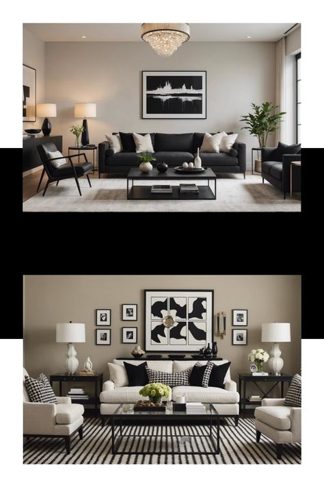 Modern living rooms with neutral color palettes, featuring sofas, coffee tables, and wall art. Black White Beige Living Room, White Beige Living Room, White And Beige Living Room, Black And Cream Living Room, Black Couch Living Room Decor, Black White Living Room, Beige Sofa Living Room, Black Couch Living Room, Beige Living Room Decor