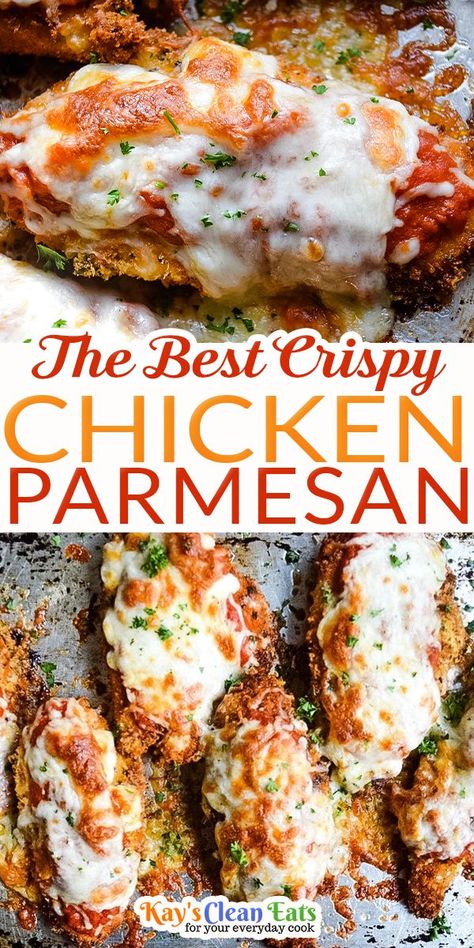 This Crispy Chicken Parmesan is the best! It is so crispy and covered in marinara sauce and melty mozzerla cheese. This chicken parmesan is pan-fried then oven-baked for seriously the best chicken parmesan! It never comes out soggy and truly is so delicious. Did you know that this is one of the most order chicken dishes in the world?! Rightfully so it always hits the spot and the kids also love it. My family loves this dish... | @kayscleaneats Chicken Parmesan Recipe Oven, Baked Chicken Marinara, Crispy Chicken Parmesan Recipe, Crispy Chicken Parmesan, Best Chicken Parmesan, Baked Chicken Cutlets, Chicken Parmesan Recipe Easy, Chicken Parmesan Recipe Baked, Chicken Cutlet Recipes