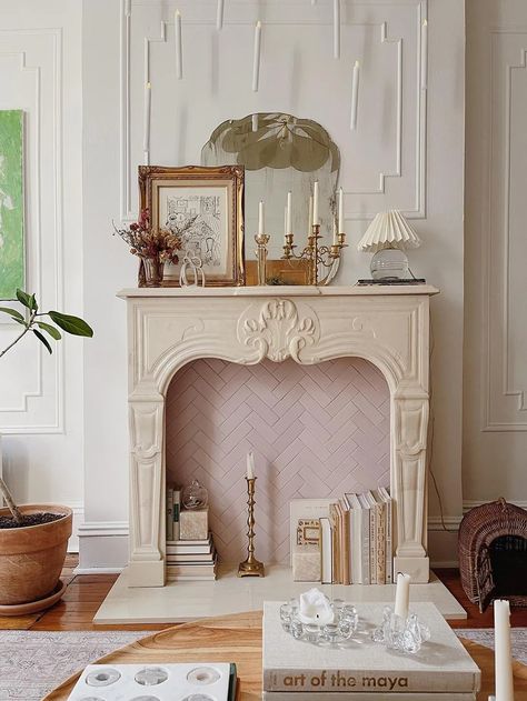 You Can Create Your Own Antique Fireplace A La Nate Berkus Fireplace Mantle Artwork, Tv Stand Parisian, Under Mantle Decor, Diy French Fireplace Surround, Faux Fireplace Decorating Ideas, Mantle No Fireplace, Faux Fireplace Candles, Parisian Fireplace, Fireplace With Candles