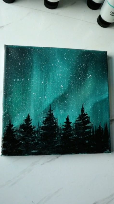 Northern Lights Mountains Painting, Northern Lights Painting Easy, Aurora Borealis Painting, Northern Lights Canvas, Northern Lights Art, Aurora Sky, Northern Lights Painting, Sky Art Painting, Silhouette Painting