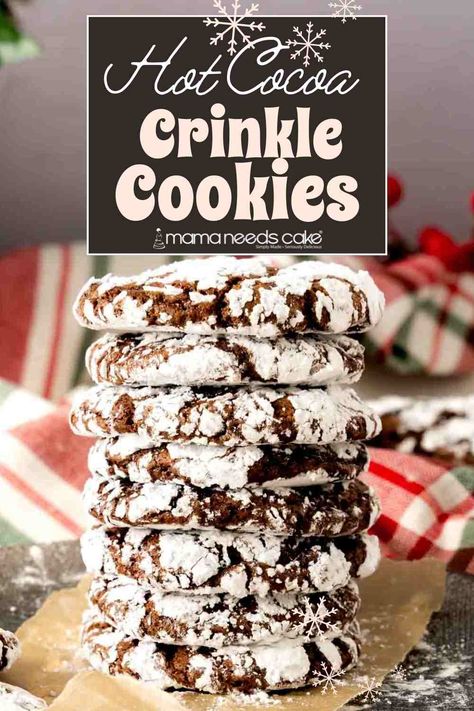 These hot cocoa crinkle cookies are fudgy cookies that taste like brownies and are made with hot cocoa mix and cocoa powder. Fudgy Chocolate Crinkle Cookies, Wife Recipes, Fudgy Cookies, Chocolate Crinkle Cookies Recipe, Soft Chocolate Cookie, Crinkle Cookies Recipe, Hot Cocoa Cookies, Chocolate Crinkle, Chewy Chocolate Cookies