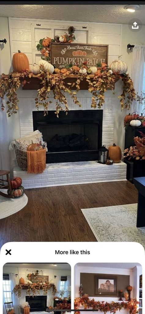 Brick Fireplace Fall Decorations, Fire Mantle Fall Decor, Fall Mantle Decor Red Brick Fireplace, Pumpkins On Fireplace Hearth, Fall Decor Mantle Ideas, Neutral Fall Home Decor Ideas, Fall Fireplace Decor Mantles Neutral, Fall Fireplace Mantel Decorating Ideas Wreaths & Garlands, Fireplace Fall Decorating Ideas With Tv